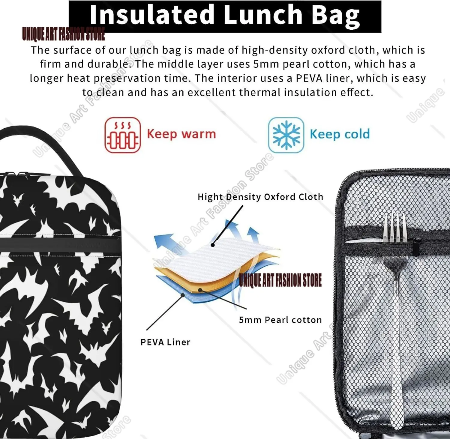 Bolsa de almuerzo portátil con diseño de murciélago de Halloween, fiambrera aislada, bolsas reutilizables para mujeres, hombres, trabajo, Picnic, Camping