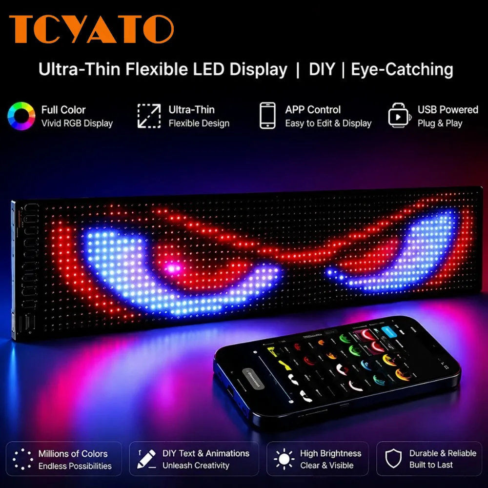 TCYATO 1 Pack Flexible LED Display Dynamic Demon Eye Light APP Programmable Custom Pattern USB Powered LED Matrix Panel for Car
