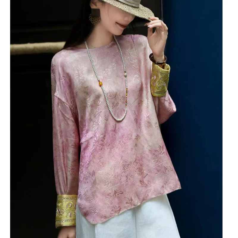 

High Quality Spring and summer New Round Neck Cuffs Embroidered Double-sided Wearable Rayon Printed Fabric Women's Shirt S-XL