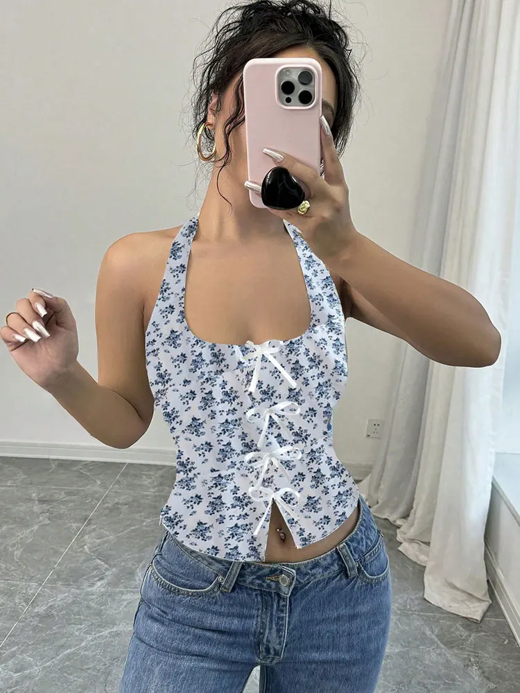 

Поп-новый сексуальный элегантный U-образный вырез с бретелькой на шее, синий принт, жилет без рукавов с бантом, цветочная блузка, укороченный топ, корейские отзывы, множество сгусток для девочек