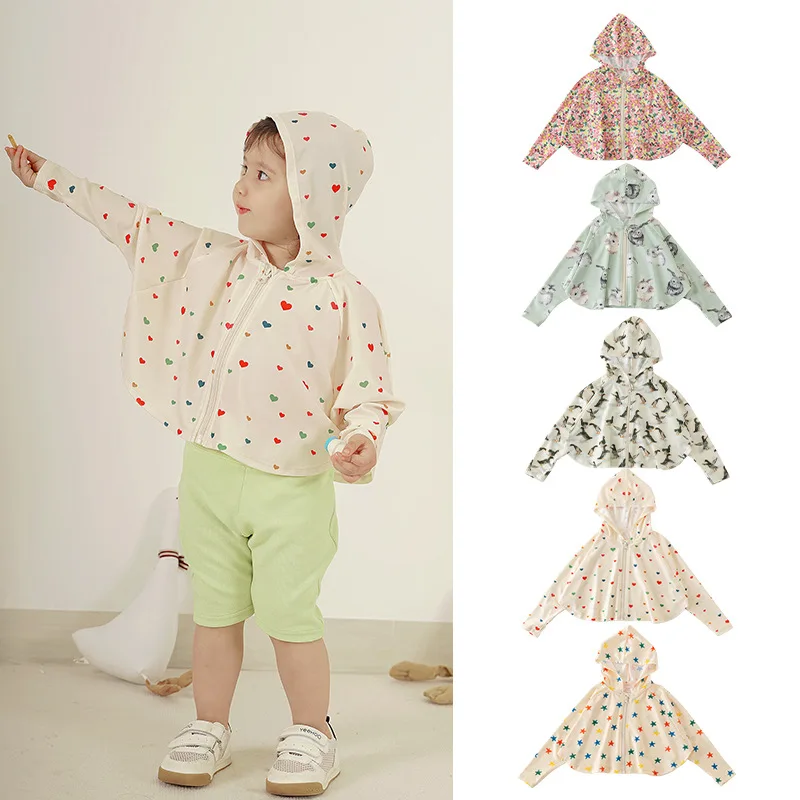 

2023 Summer New Baby Boys Anti-UV Hooded Jacket Cartoon Print Cardigan Toddler Girls Thin Sunscreen Clothing Children's Coats