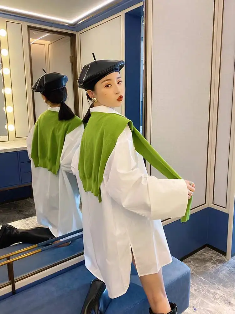 WHTREND قميص أزرق للنساء أنيق BF نمط فضفاض كبير الحجم كم طويل تصميم قمصان متوسطة الطول WH1696 #4