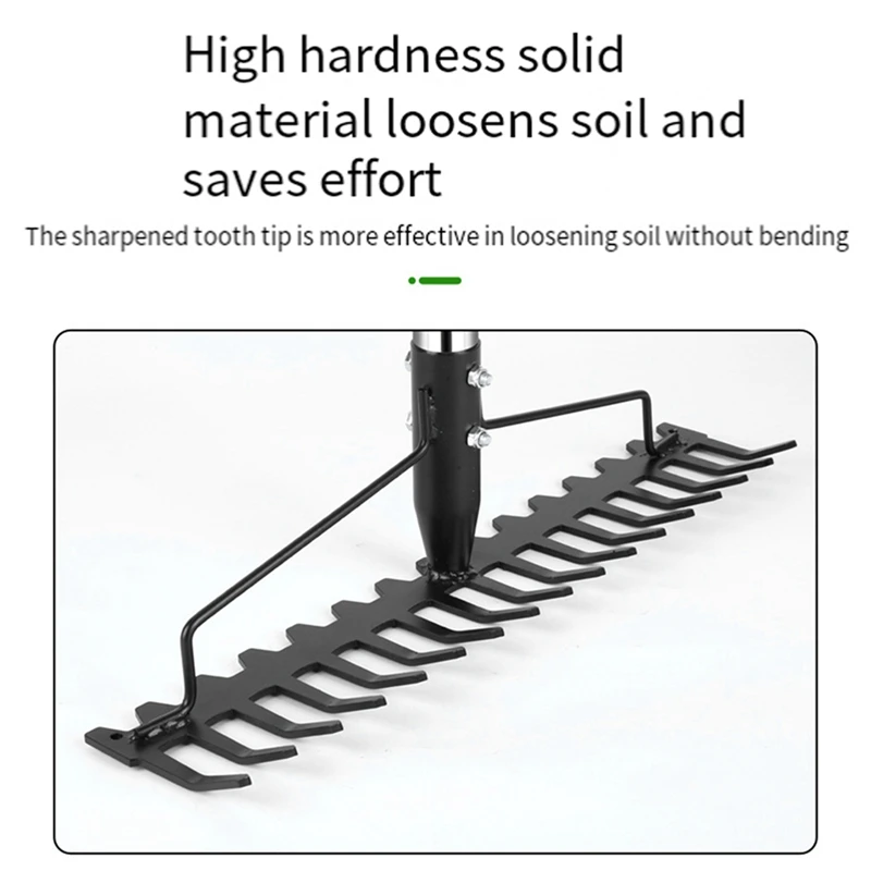 AA01-Bow Rake Heavy Duty Garden Rake 17 Steel Tines Metal Head Rake Tool For Loosening Soil Gathering Leaf Leveling Lawn