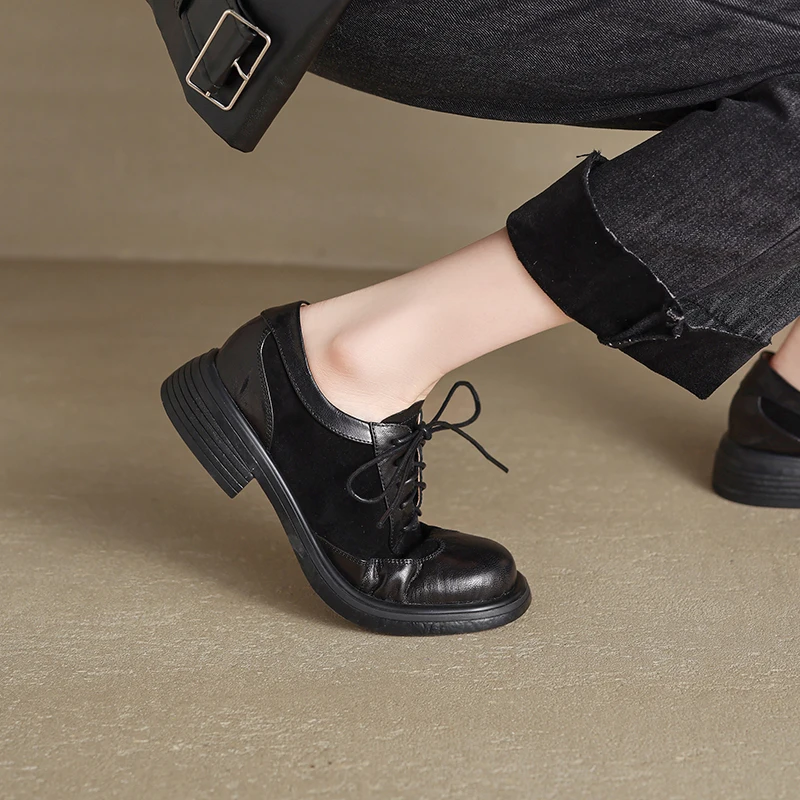 

Genuine Leather Loafers Lace Up Platform Chunky Heel Vintage Versatile Classic Stylish Shoes