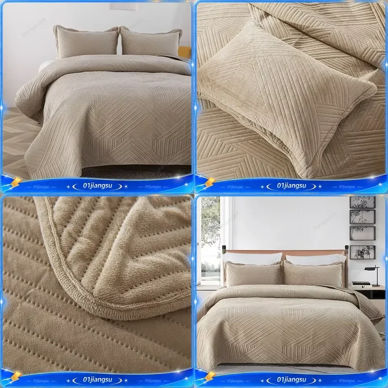 Luxury Plush Velvet Quilt Set King Size 3Pcs Embroidered Lightweight Comforter Bedspread Soft Bed Coverlet Bedroom Home