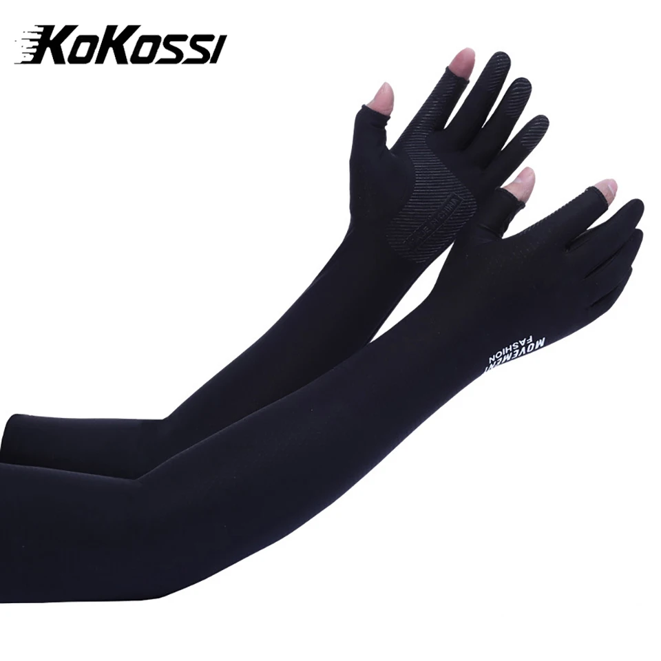 KoKossi 1Pair Summer Sunscreen Ice Silk Long Full Arm Sleeves Two Finger Gloves Breathable Sports Driving Sleeve For Men Women