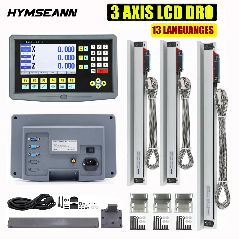 Complete Set 3 Axis LCD Digital Readout DRO with 3 Pieces 0-1000mm Glass Linear Scale Encoder Sensor For Milling Lathe YH800-3S