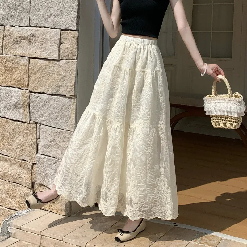 Apricot Floral Embroidery Long Skirt for Women Elegant Elastic High Waist Midi Skirts Woman Spring Summer Lace Hem A-line Skirt