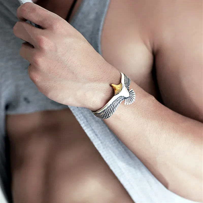 Buyee 925 Sterling Silber Männlicher Großer Armreif Kreis Niedlicher Adler Offener Armreif für Frau Mode Rock Punk Edlen Schmuck Armreifen – Detail 5