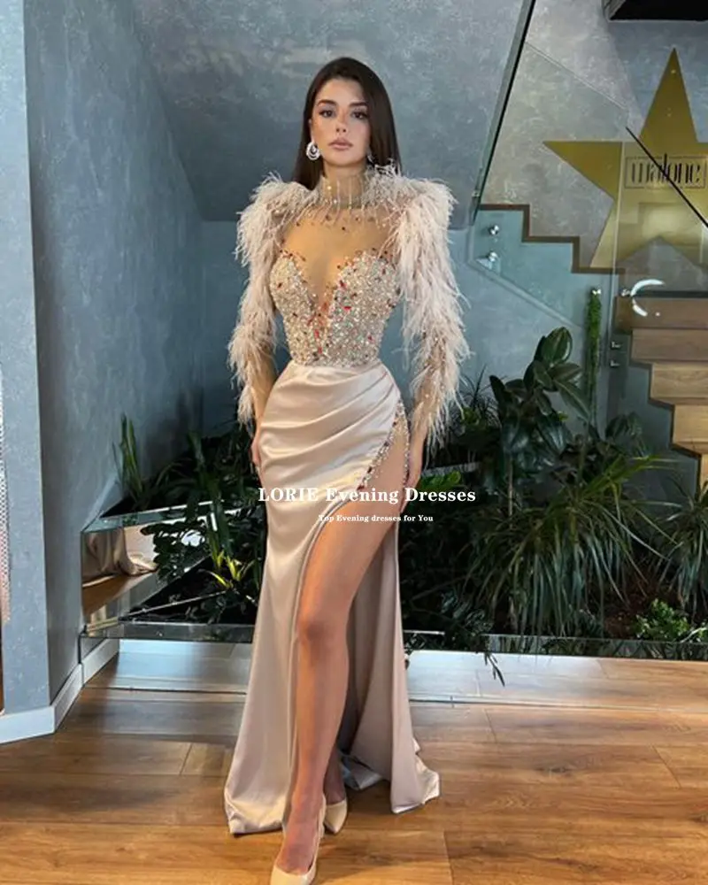 LOIRE Charming ดูไบ Mermaid Prom Dresses 2022ยาวคอ Glitter คริสตัล Feathers Saudi Arabia Robes De Soirée Party Gowns