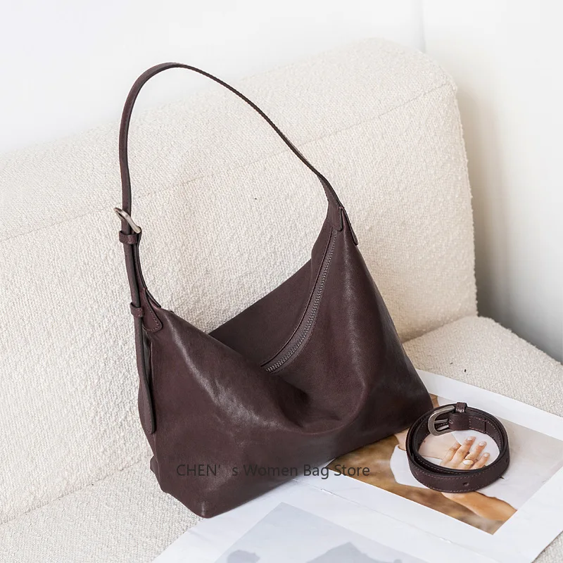 

2025 Genuine Leather Women's Underarm Bag Vintage Casual Single Shoulder Slant Crossbody Handbag Commuting Dumpling Bag