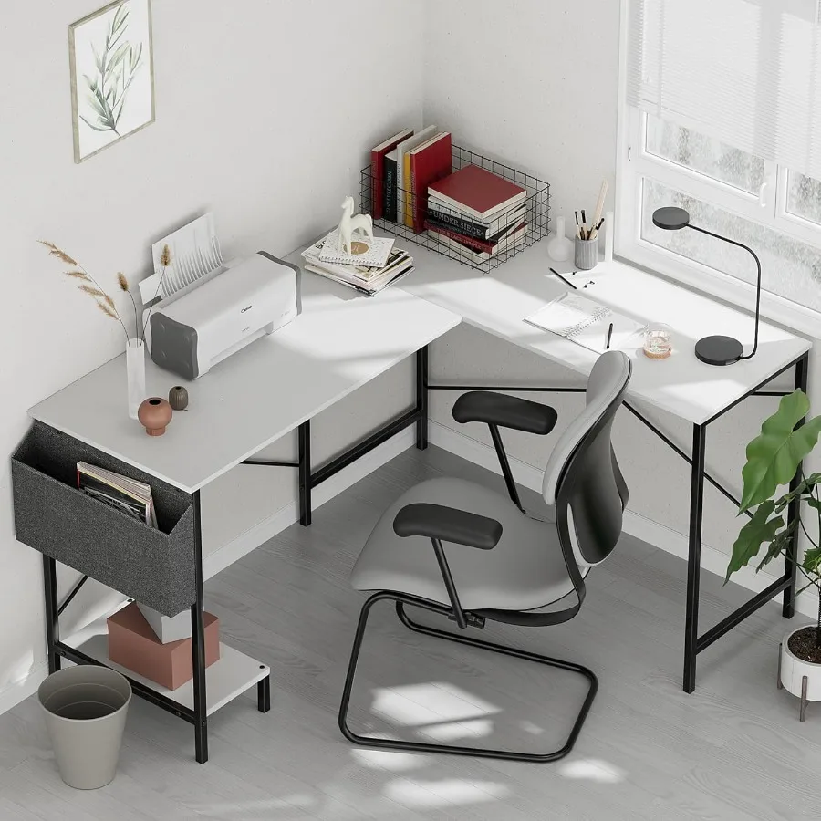 L Shaped Desk Gaming Computer 50 Inch Reversible Corner Table PC Work Table for Writing Study Student with Wood Tabletop Metal