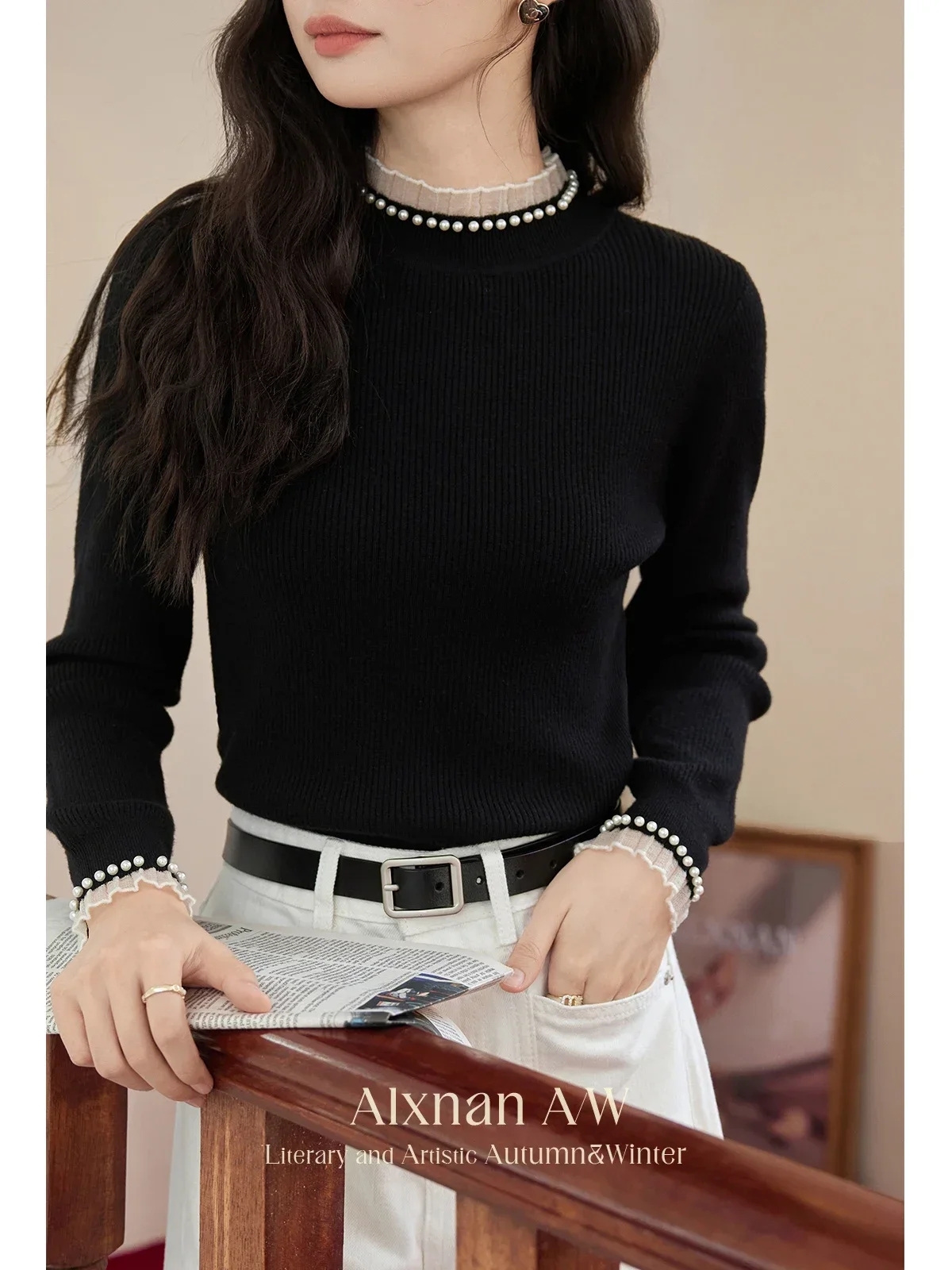 

ALXNAN Temperament Agaric O-neck Pullovers for Women 2024 Autumn Winter Trendy Beaded Long Sleeve Slimming Commuter Tops L50618