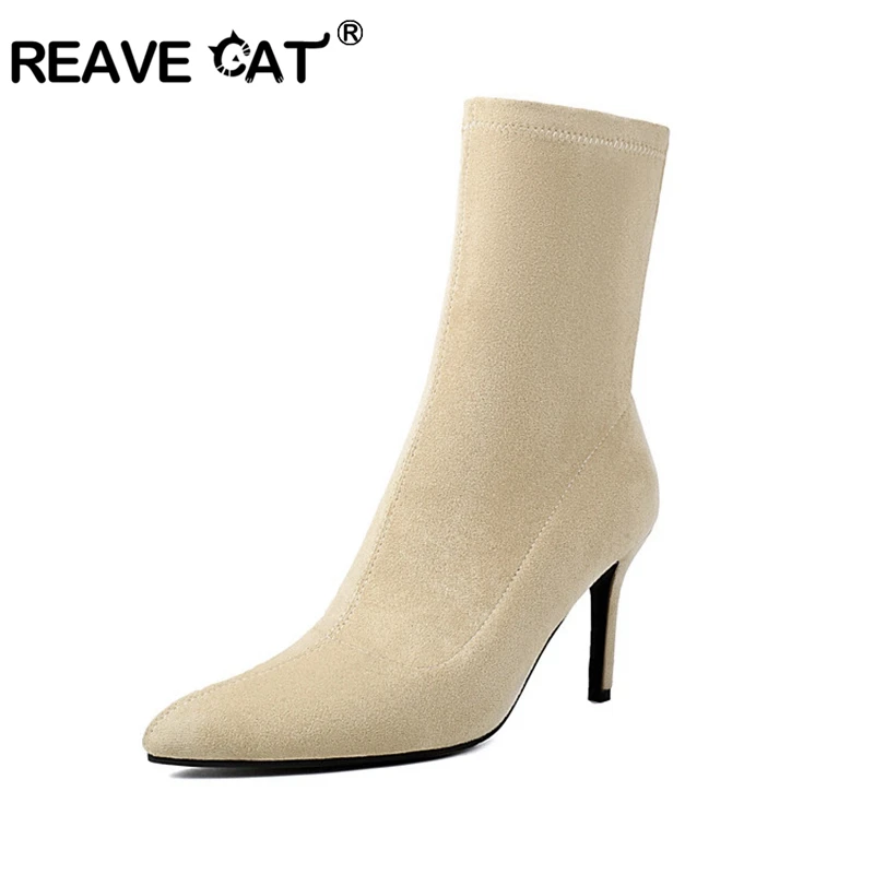 

REAVE CAT Fashion 10cm Stiletto Heel Faux Suede Block Ankle Boots Slip On Autumn Antislip Shoes Big Size 48 US17 Apricot Black