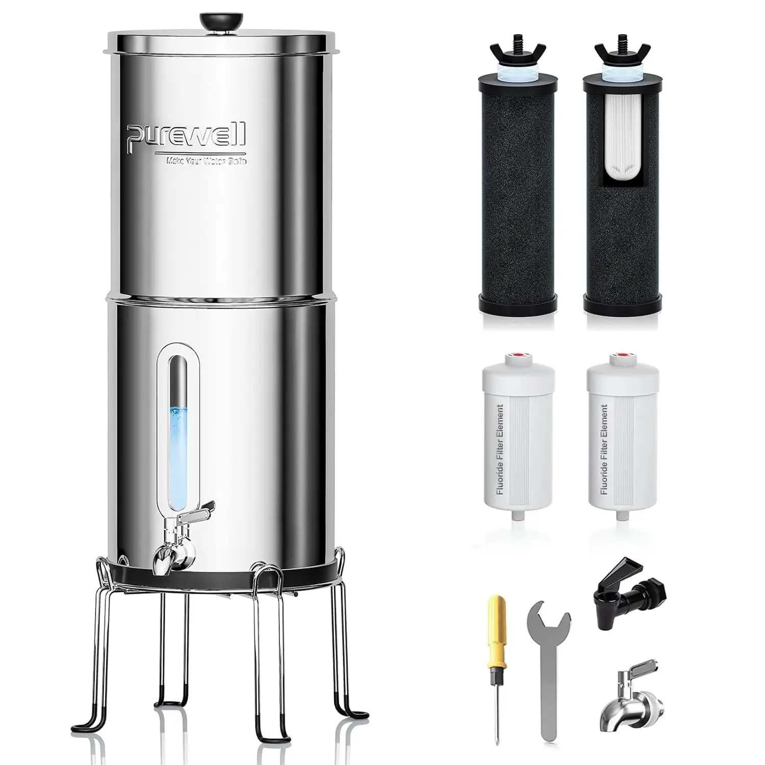 Gravity Water Filter System with Water Level Window, 8-Stage 0.01μm Ultra-Filtration Stainless Steel Countertop