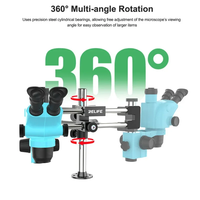 RELIFE MS2 Pro Dual-Bearing Dual-Rod Microscope Stand 360° Rotation High-Strength All-Metal Microscope Bracket Arm Holder
