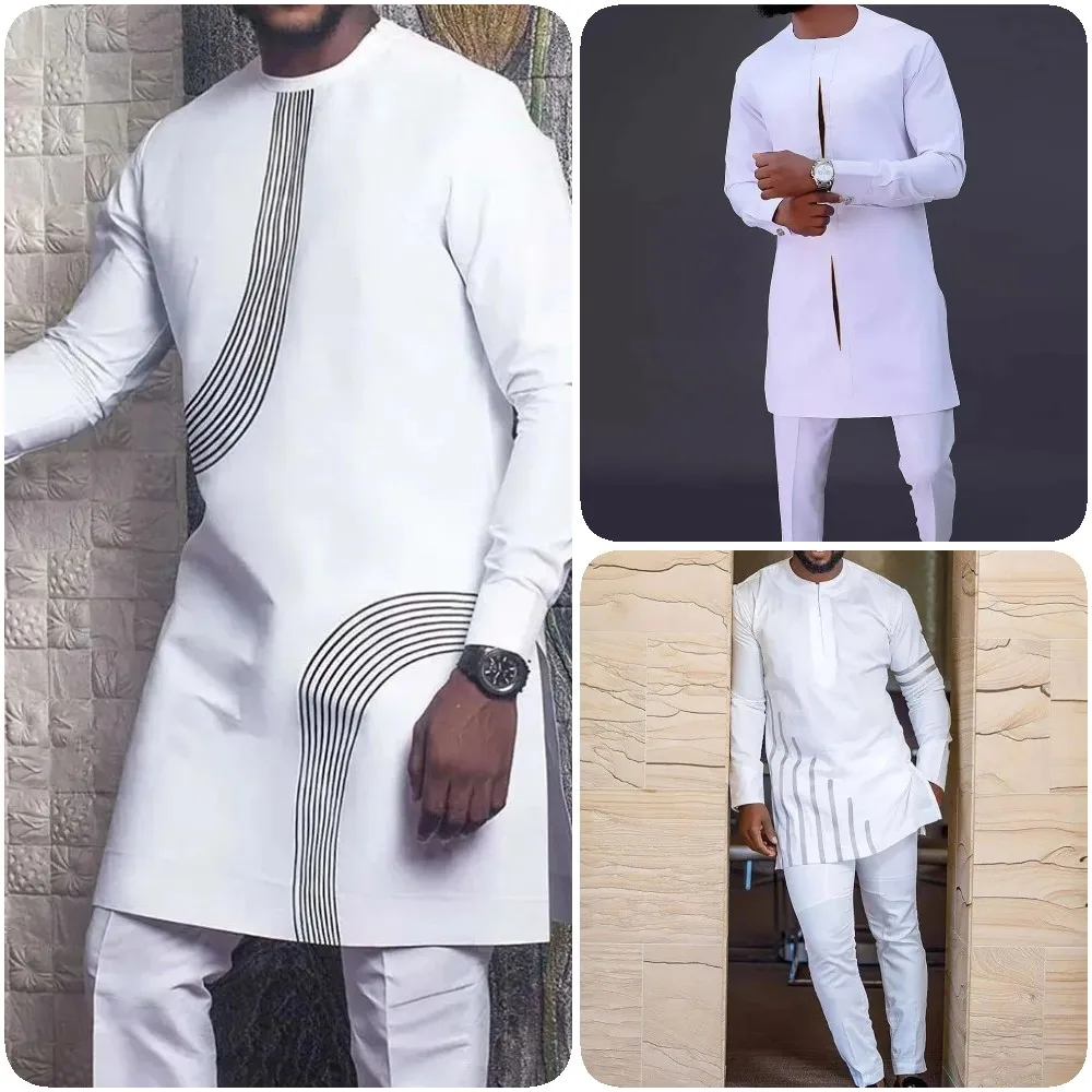 

New In Dashiki African Printed White Ethnic Men's Suit 2 Piece Traditional Wedding Party Men's Clothing Outfit For Men