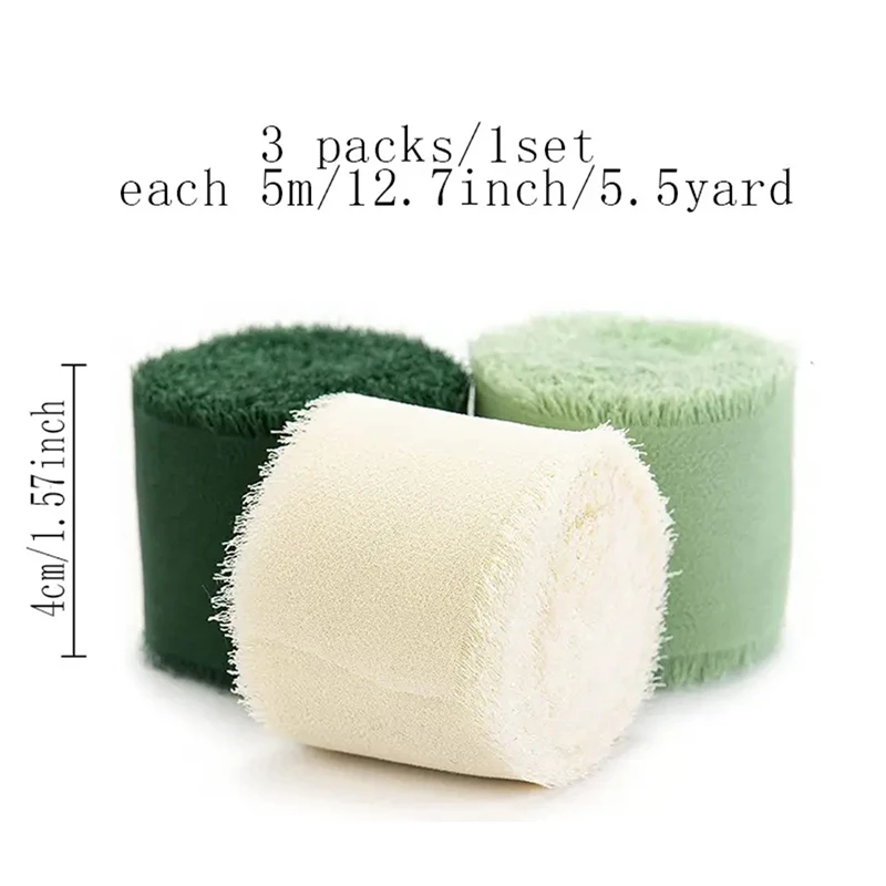 3 Rolls Handmade Fringe Chiffon Silk Ribbon Gauze White & Green Ribbons Set For Wedding Gifts Wrapping DIY Decorations