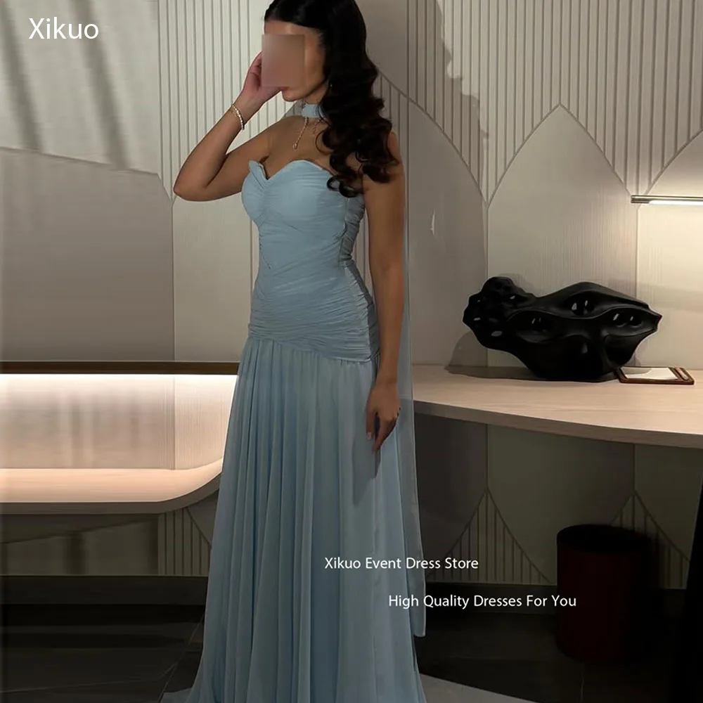

Xikuo Light Blue Chiffon Evening Dresses Ruched Sweetheart Vestidos Largos Ribbons Ruched Special Occasion Gowns Customized