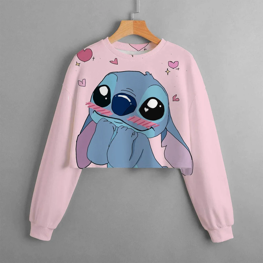 Children\'s Hoodie Casual Cartoon Anime Print Children\'s Top Spring and Autumn Disney Lilo&Stitch Girls\' Short Round Neck Sweater