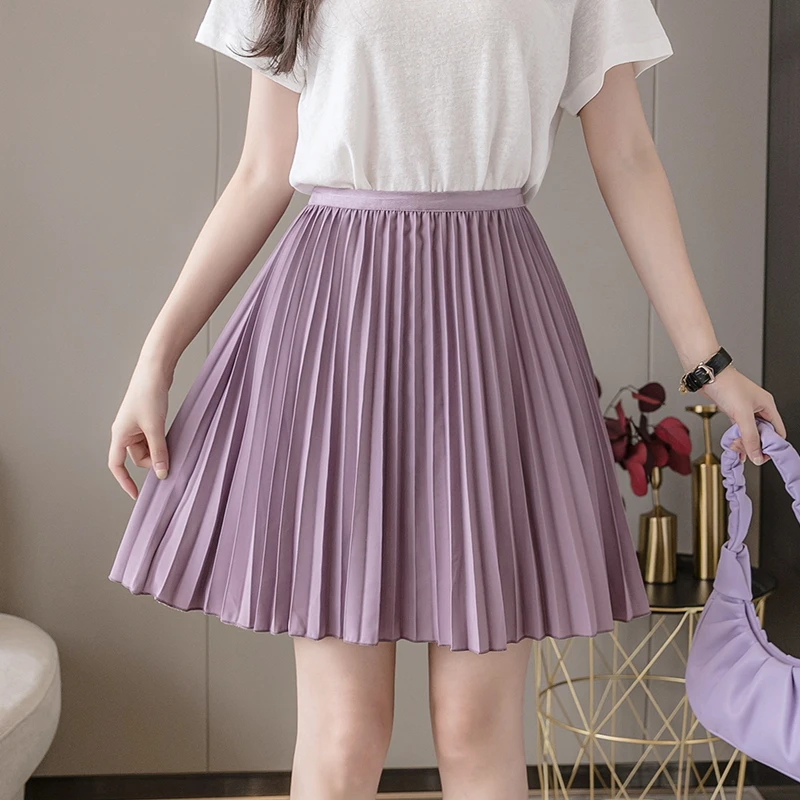 

2023 New Summer Elastic High Waist Fashion A-line Pleated Short Skirts Female Holiday Beach Casual Solid Color Mini Skirt Women