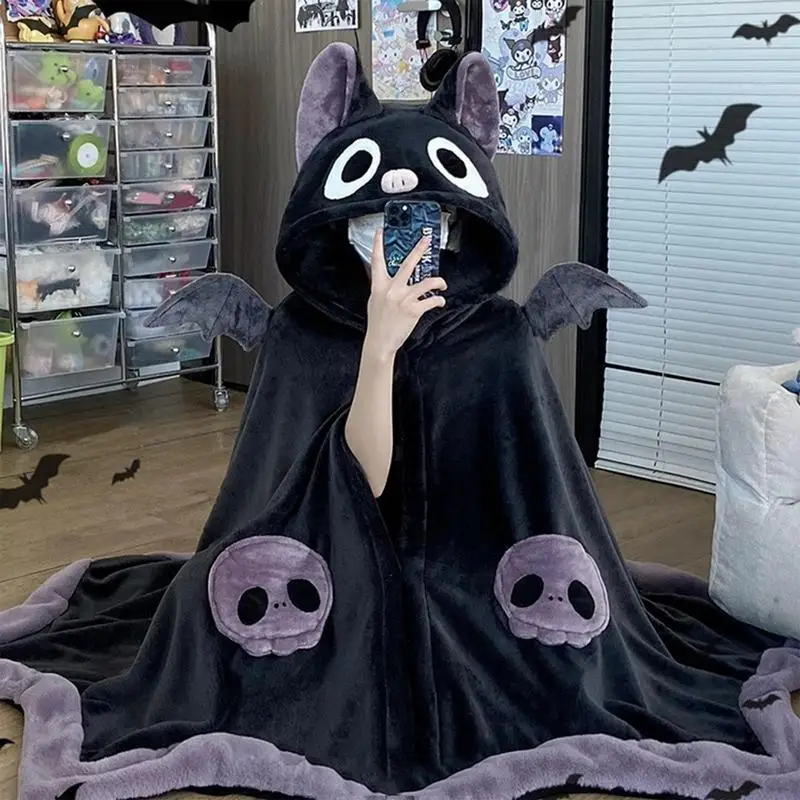 Kawaii Cartoon Bat Shark Blanket Plush Pajamas Anime Cloak Costume Halloween Cloak For Adults Winter Ponchos Women Hooded Cape