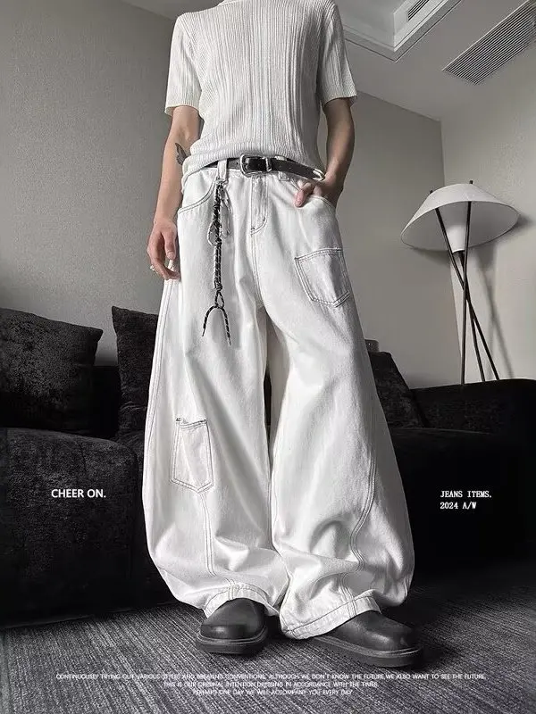 Calças Jeans Retrô Americanas Brancas com Corte Afiado para Homens e Mulheres, Design de Bolso Moderno para o Verão, Soltas, ...