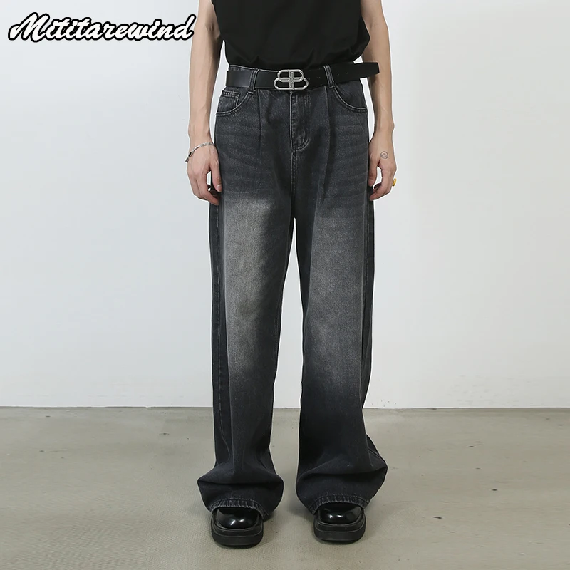 

American Retro Washed Wide Leg Pants Men Jeans Floor Length Baggy Jeans Men Casual Straight Denim Trousers Hip Hop Streetwear