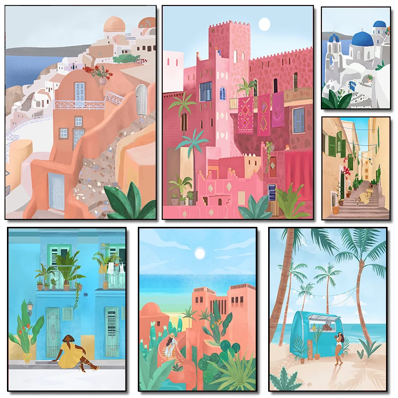 Sommerliches Meerblick-Pool-Mädchen Marokko Italienische Touristenstadt Abstraktion Poster Diamantmalerei Wandkunst Bilder Heimdekoration