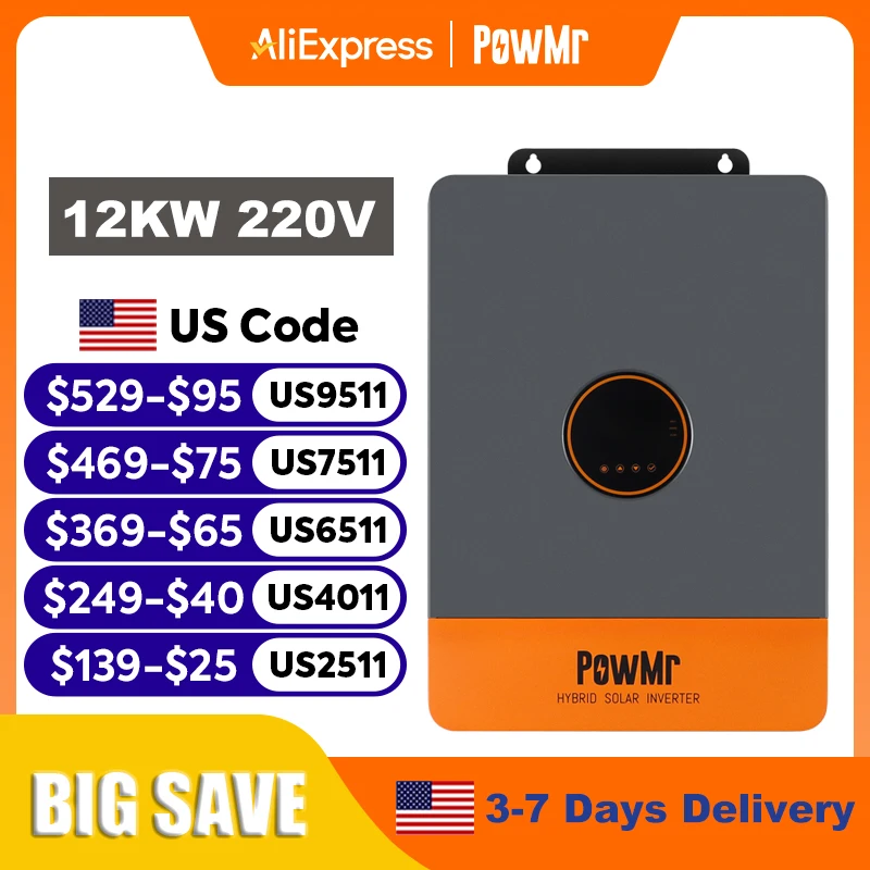 

Гибридный солнечный инвертор PowMr 12 кВт, 48 В, 220 В, 3-фазный инвертор, вкл. выкл. Сеть, двойной выход MPPT с зарядным устройством MPPT 260 А, параллельное до 6