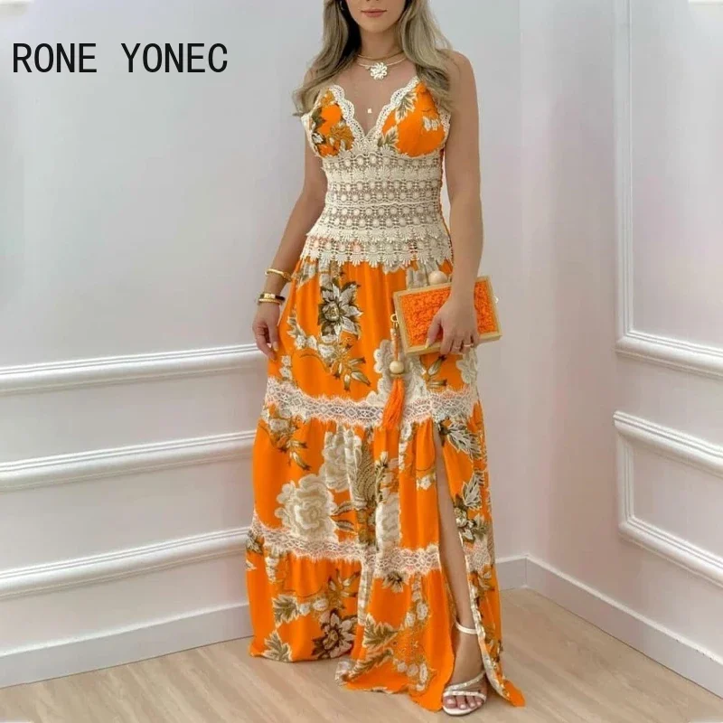 Women Floral Print Contrast Lace Split Hem Maxi Dress Vacation Dresses