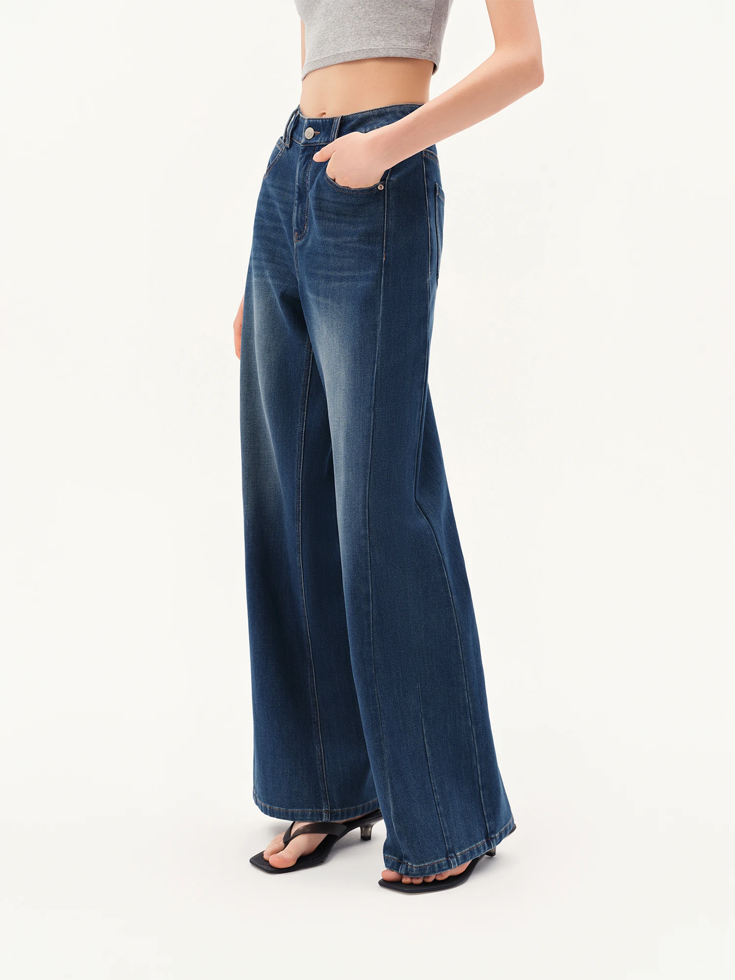 ZIQIAO Retro Blue High-elastic Straight Leg Denim Jeans with Side Seams New Autumn 2026 Style Floor-length Pants Washed