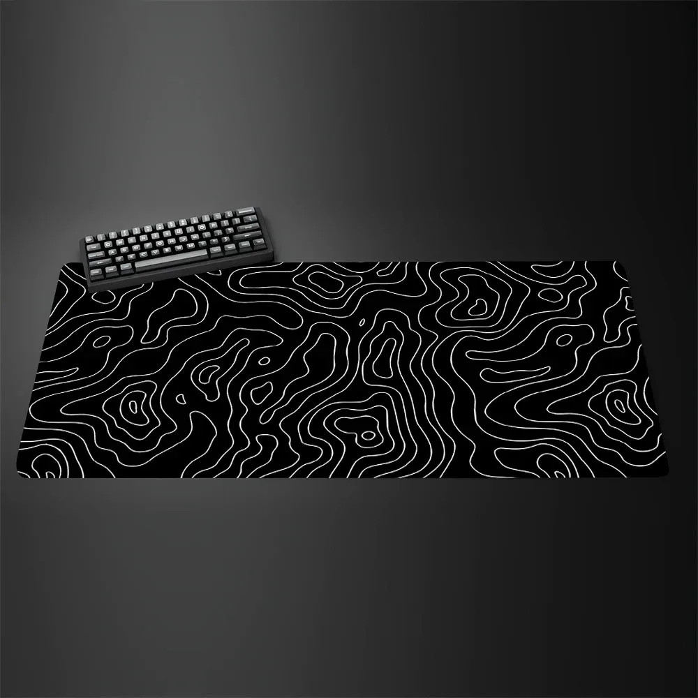 

Topographic Map Large Gaming Mousepad Black White Abstract Contour Line Desk Mat Anti-Slip PC Keyboard Pad for Gamer Setup