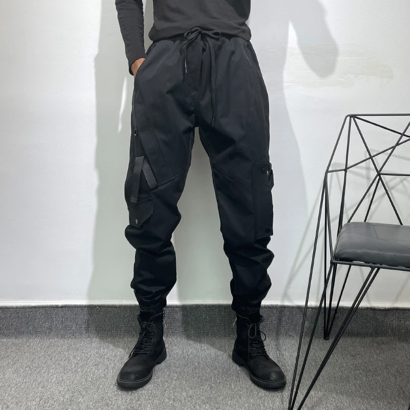 Men's Autumn Ruffian Handsome Trend Dark Irregular Multi Pocket Overalls Loose Solid Color High Street Elastic Leggings