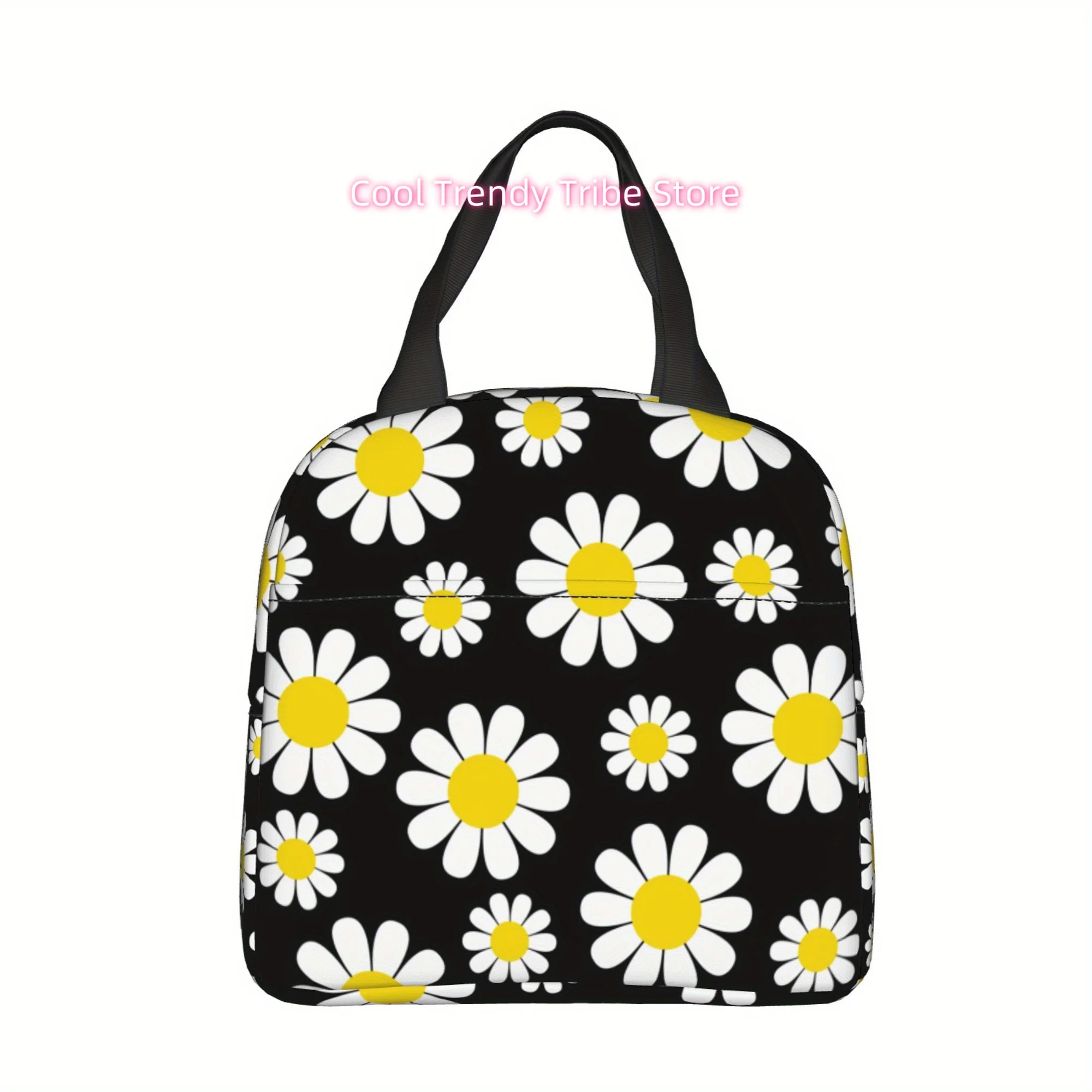 1pc Daisy Pattern Portable Reusable Cooler Bag - Black with White Daisies, Insulated Lunch Bag for Camping, Picnic, Beach, Home,