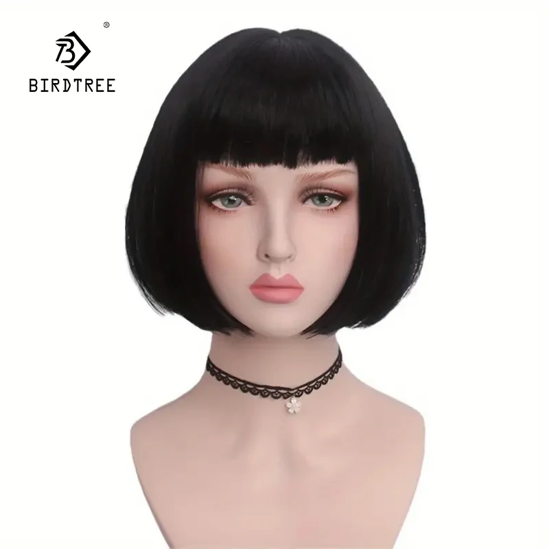 Sassy Straight Black Bob Wig with Rose Net Cap, Heat Resistant Synthetic Hair, Versatile for Daily Wear and Cosplay J47801S