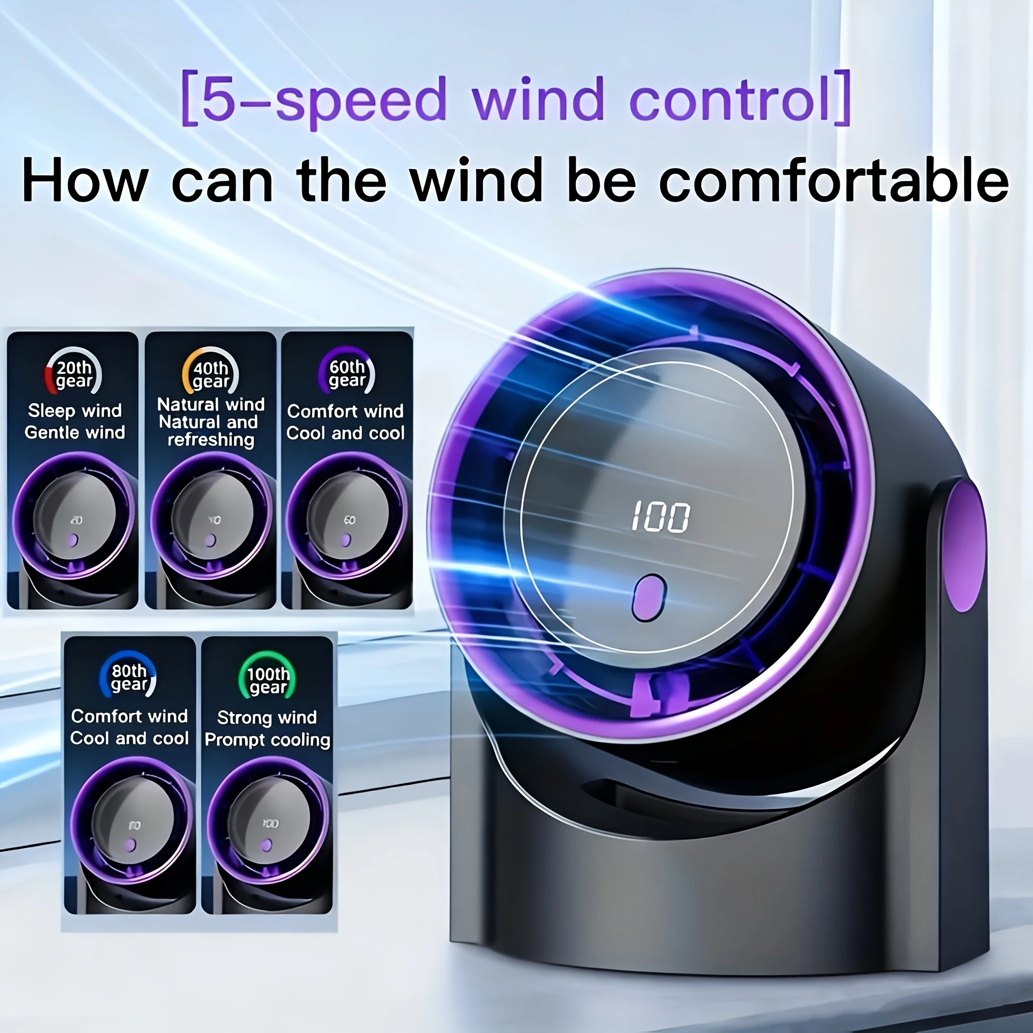 100 Speeds Quiet Rechargeable Table Fan, 180° Wide Angle LED Display Wall Desk Portable Fan for Home Bedroom Office Kitchen