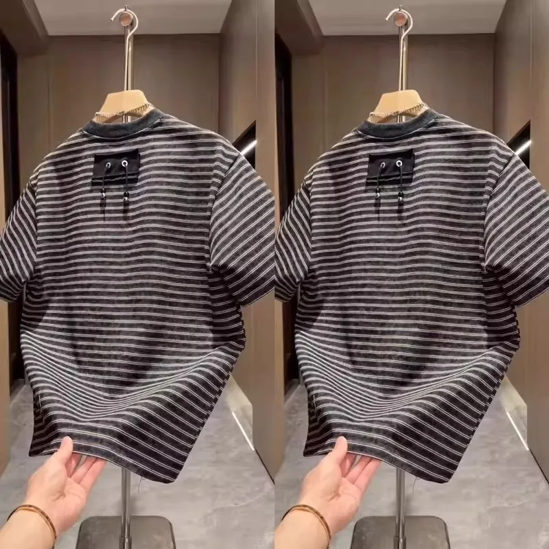 Summer Loose Men's T-shirt Striped Short Sleeve 300 Pounds plus Size Hong Kong Style Retro Design Casual Comfortable Polyeste...