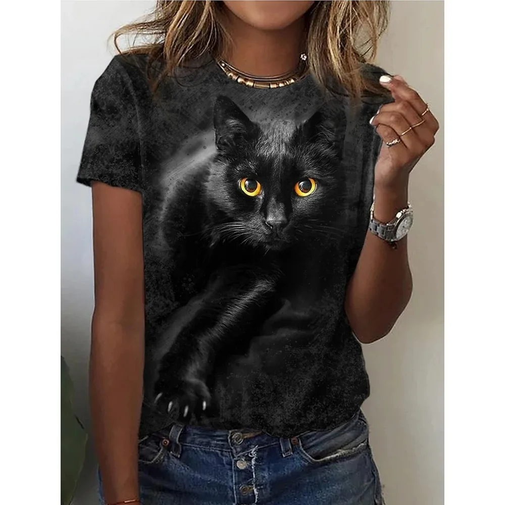 Camiseta con estampado de gato en 3d para mujer, camisetas de moda para mujer, Tops Y2k, Harajuku Kawaii, Top de gran tamaño con cuello redondo,