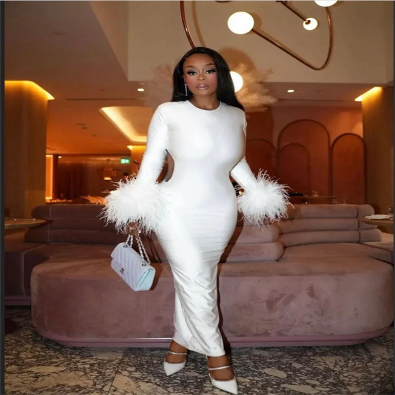 

Customized White Cut-out Feathers Elegant Prom Dresses Close-Fitting Long Sleeve Vestidos De Noche Ankle-Length Formal Evening