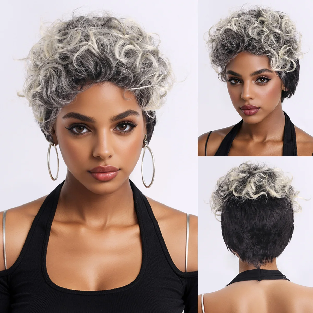 African small fluffy fashionable women's silver gray short curly hair wig full head cover-Synthetic fiber wig