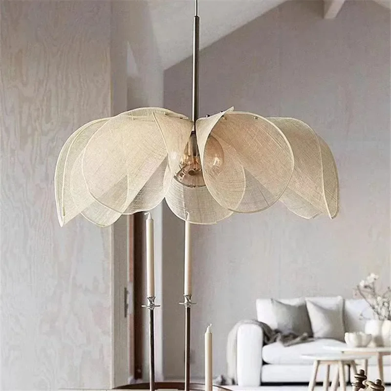 

Wabi Sabi Pendant Lamp Led French Fabric Light Hotel Restaurant Shop Cloth Flower Lamp Living Room Vintage Chandelier for Lustre