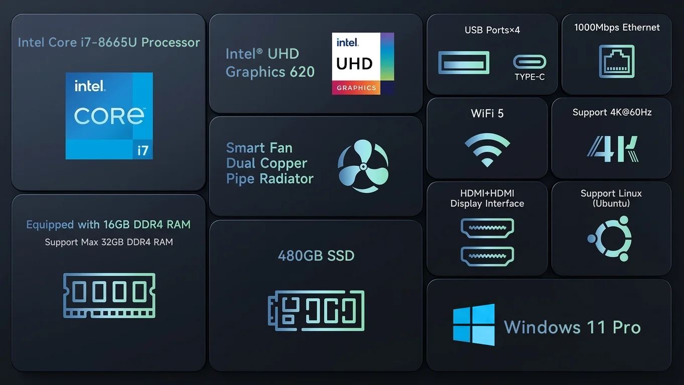 MLLSE NEW M4 Pro Mini PC Intel I7 8665U CPU 16G RAM 480GB ROM Compatible USB 3.2 Win11Pro Desktop Portable WiFi5 BT4.2