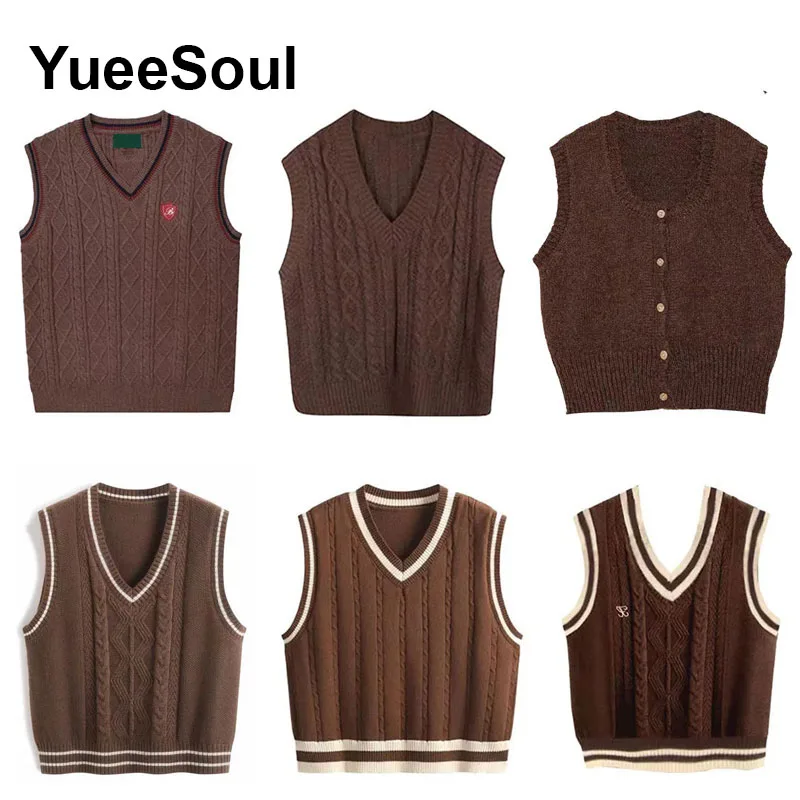 Japan Style Vintage Brown Women Knit Vest V Neck Sleeveless Loose Oversized Sweater Vest 2023 New Autumn Y2K Waistcoat Outerwear