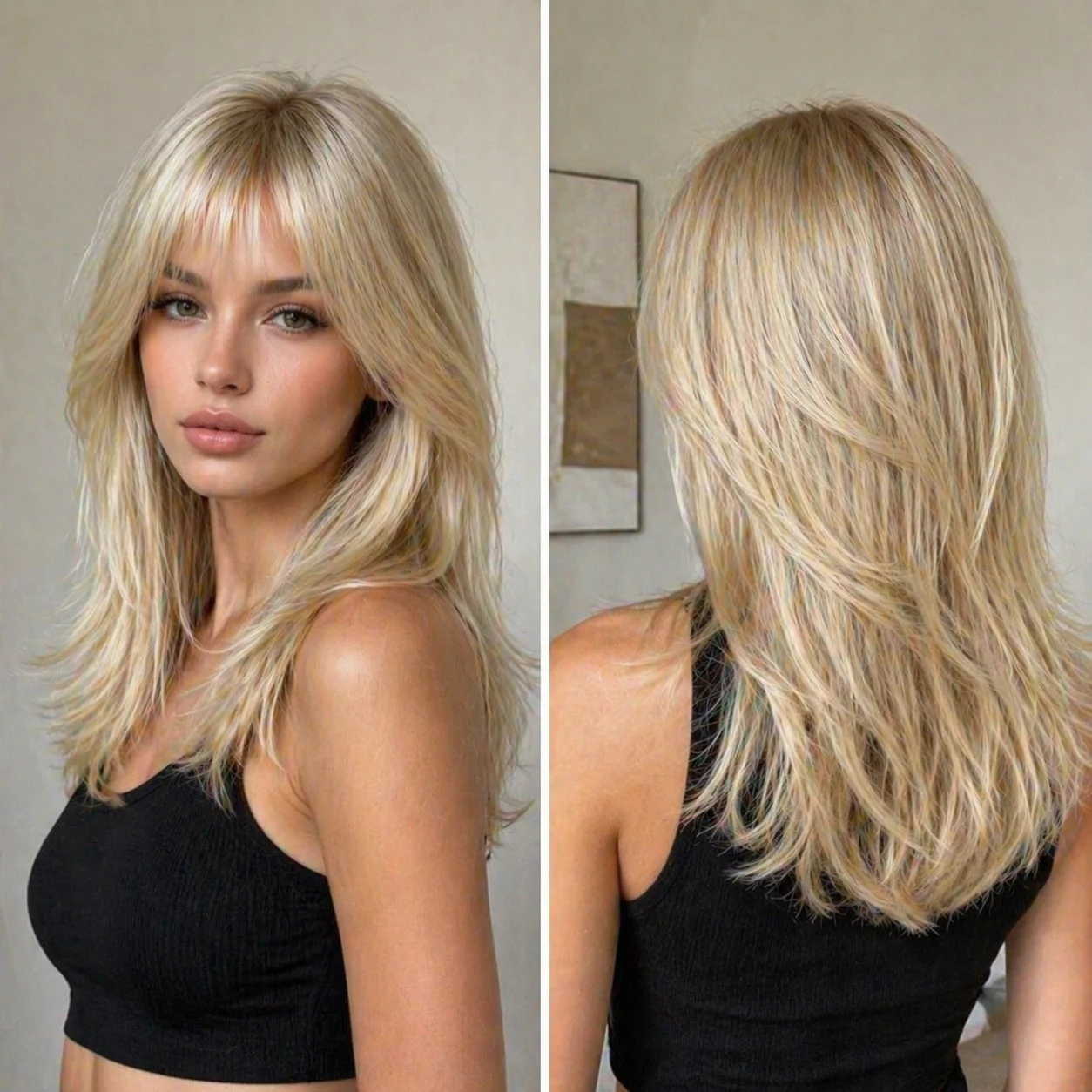 18-inch long straight blonde wig with bangs, made of synthetic hair, multi-layered design, suitable for women's daily wear