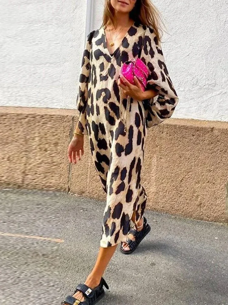 

Fashion Casual Leopard Print Maxi Dress Women Sexy V Neck Lantern Long Sleeved Splited Dresses Loose Female Street Party Robes