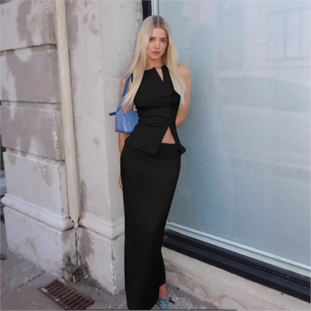 Solid Color Maxi 2-Piece Set Women Spring New Ribbed Sleeveless Single Breasted Cardigan Vest Skirt Fashion Sexy Outfits Women view 4