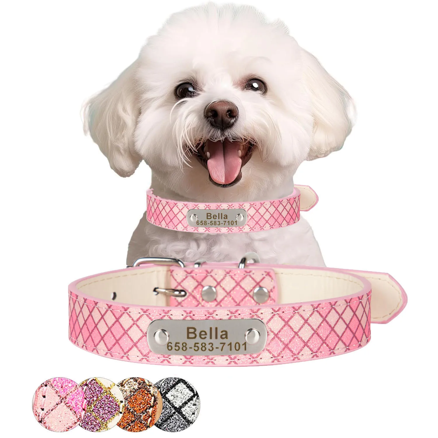 맞춤형 이름 강아지 목걸이, 반짝이는 라인석, PU 가죽, 애완 동물 목걸이, 소형 대형견용, 조절 가능한 목걸이