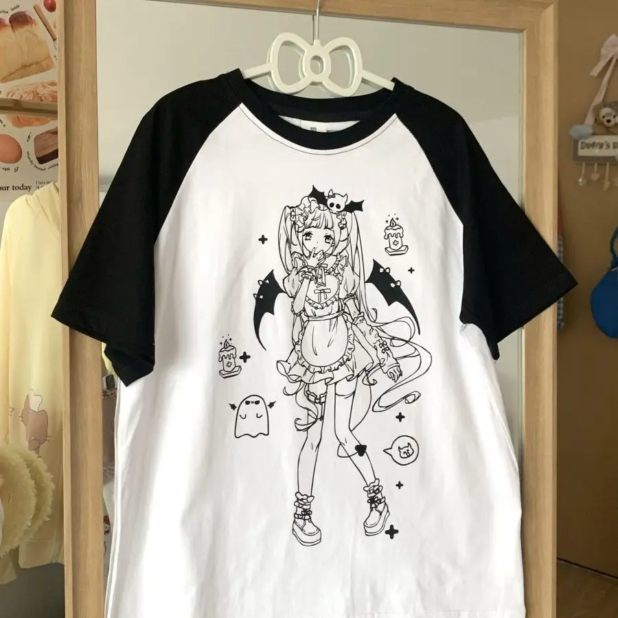 Kawaii Demon Maid Anime Raglan T-Shirt Cute Goth Lolita Graphic Tee for Women Harajuku Streetwear sweet girls punk grunge tops