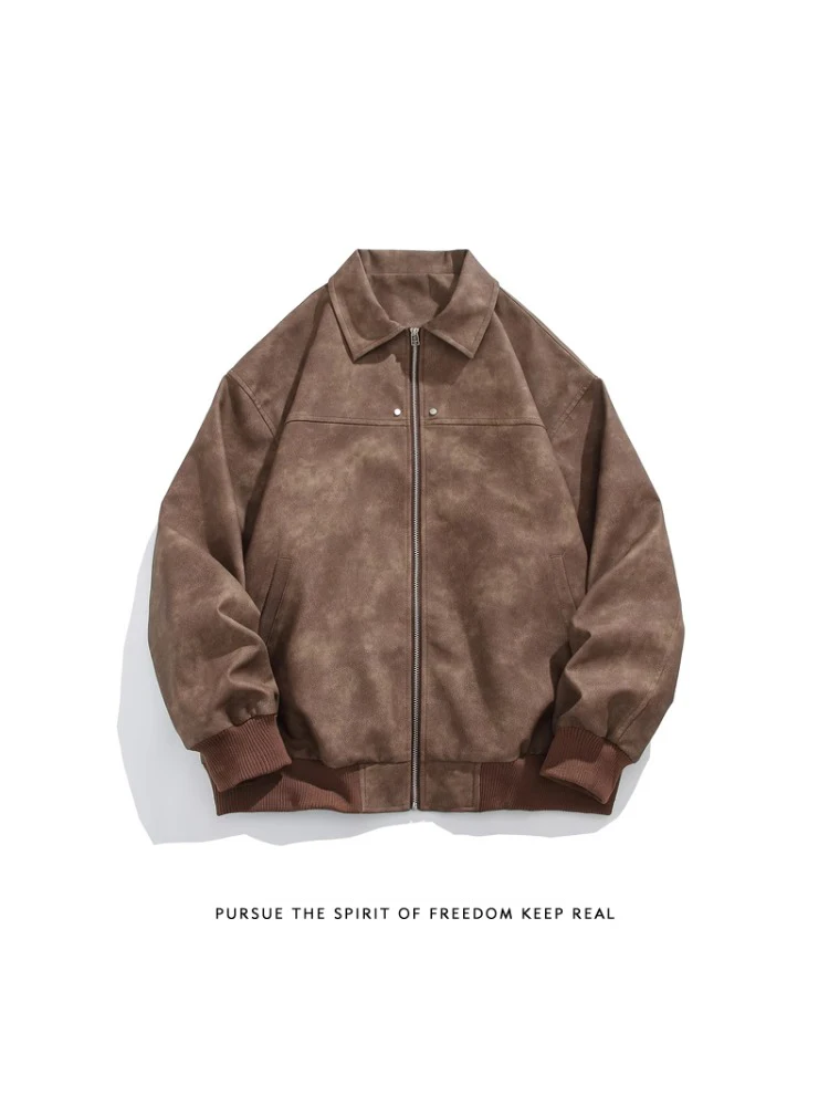

Retro American Brown Flip Collar Suede Leather Jaet Men's Spring Autumn Sle Couple's Biker Coat Casual Loose Fit Long Sve